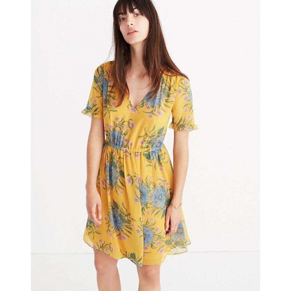 Madewell Sweetgrass Ruffle‎ Sleeve Yellow Painted Blooms Mini Dress 4